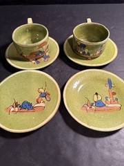 Lot Vintage 1940s Green Mexican Tlaquepaque Tonala Cups Saucer Plates Redware