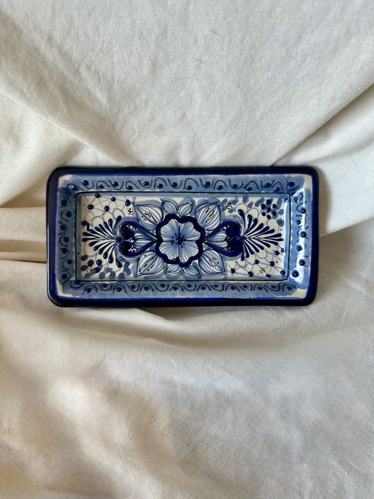 Handmade Mexican Talavera Rectangular Dish Blue & White Raised Relief Pottery