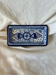Handmade Mexican Talavera Rectangular Dish Blue & White Raised Relief Pottery