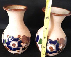 Vintage Pair Of Mexico Folk Art Pottery Tonala Floral Round Vases Signed C.O.
