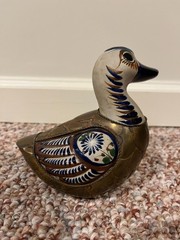 Vintage Handpainted Mexican Tonala Brass Copper Duck Figurine