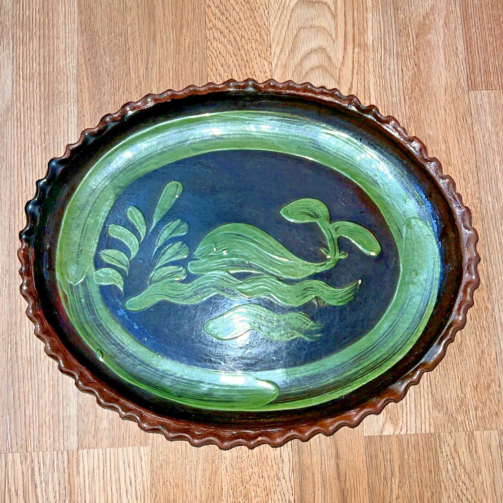 Mexican Patamban Hand Painted Fish Design Folk Art Green & Brown Glazed Platter