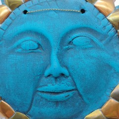Mexican Folk Art Sun Face Wall Hanging – 12″ Turquoise Blue Copper Brass Metal