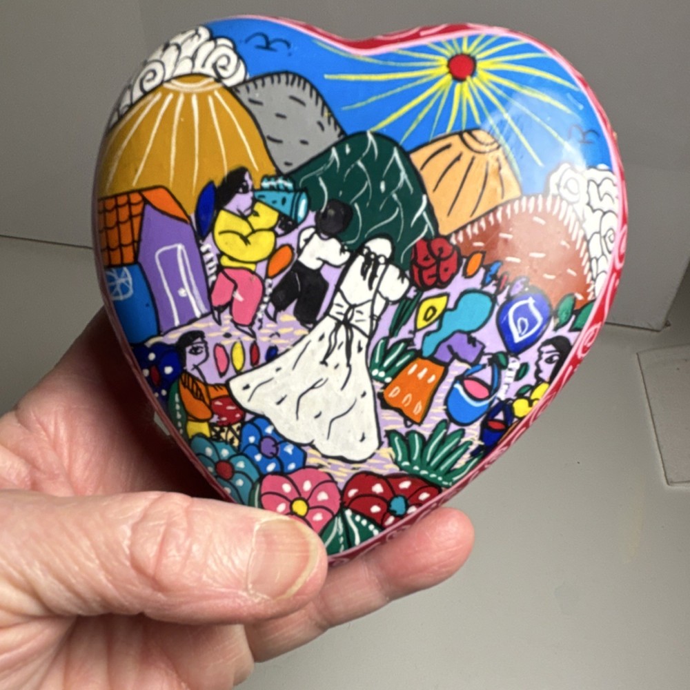 Vintage Mexican Hand-Painted Heart-Shaped Pottery Box Folk Art Scene Red