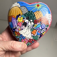 Vintage Mexican Hand-Painted Heart-Shaped Pottery Box Folk Art Scene Red