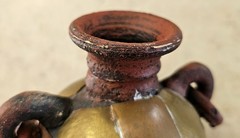 Vintage Mexican Terracotta Pottery Vase, Brass Copper Overlay Loop Handles, 5.5″