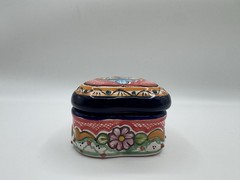 Talavera Pottery Heart Shaped Blue & White Flowers Trinket Box Hand painted