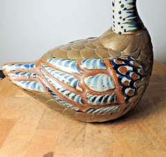 Tonala Mexico Duck Bird Ceramic w/ Brass Feathers Blue Brown Decor 7″