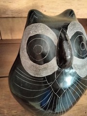 Tonala Oaxaca Black Owl Vintage Pottery Mexico Folk Art Signed Figurine 9″