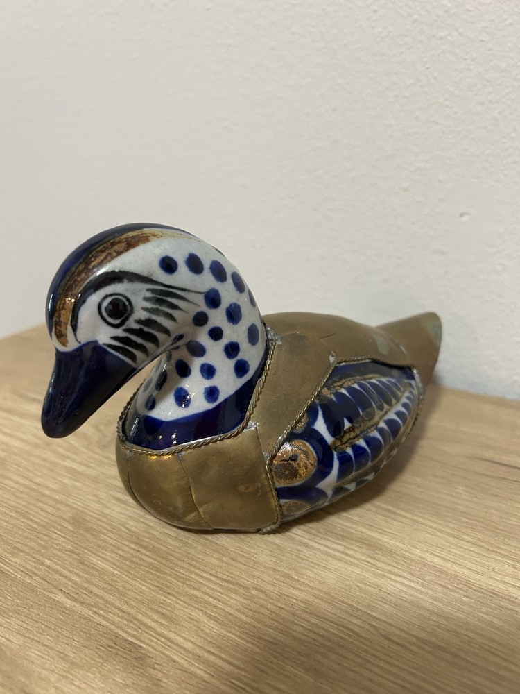 Vintage Tonala Mexican Pottery Duck Brass Armored Ceramic Folk Art Figurine