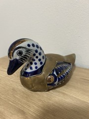 Vintage Tonala Mexican Pottery Duck Brass Armored Ceramic Folk Art Figurine