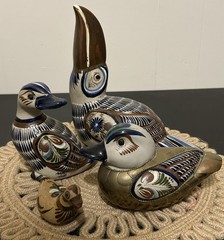 LOT OF 4 TONALA MEXICAN FOLK ART POTTERY FIGURES BRASS DUCK TOUCAN