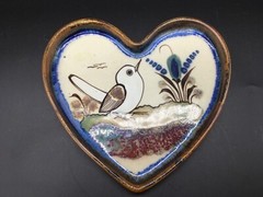 Tonala heart shape art pottery trinket dish white bird signed Ken Edwards Mexico