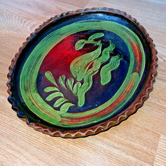 Mexican Patamban Hand Painted Fish Design Folk Art Green & Brown Glazed Platter
