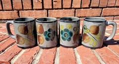Hand Painted Mexican Pottery Mugs Sage Green With Floral Design Set of 4