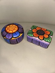 Lot Of 2 Talavera Mexico Pottery Round and Heart Trinket Box Home Decor vintage