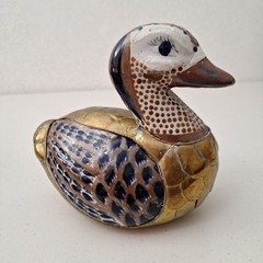 Vintage Mexican Tonala Pottery & Brass Duck Bird Handpaint Sculpture 7″ x 6″