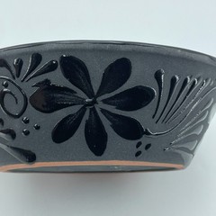 MEXICAN Clay Bowls Set of 2 Black Terracotta Floral Serving Handmade NEW 7in