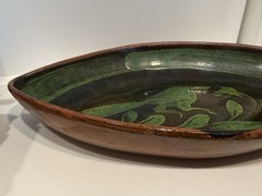 Mid Century Michoacan Patamban Pottery Charger Plate Green Brown Glaze 12.5″