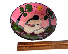 Talavera Mexican Folk Art Pottery Hand Painted Woman Landscape Salsa Footed Bowl
