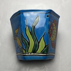 Mexican Folk Art Pottery Octagon Planter 3.75″ Ocean Fish Pattern Plant Pot