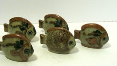 5 Vintage Fish Figurines Folk Art Pottery Hand Painted Gray Green MM