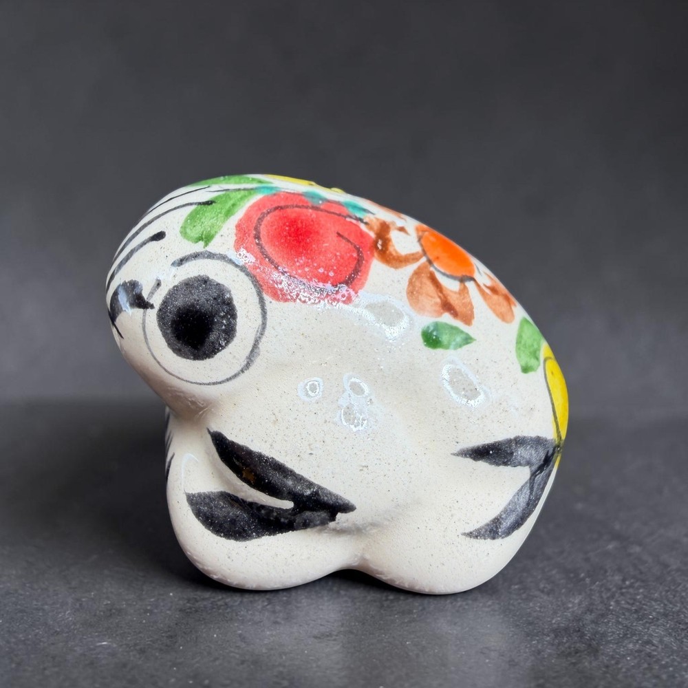 Mexican Folk Art Pottery Frog Figurine Hand Painted Floral Ceramic Tonala 1.5″