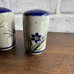 Vintage Mexican Pottery Salt & Pepper Shakers Blue & Grey Floral Plastic Corks