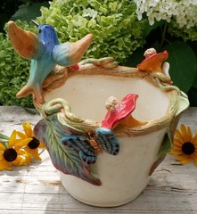 Cream Color Flower Pot Hummingbird Nest Butterflies Handmade Tonala Mexican Art