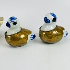 3 Vintage Tonala Mexican Folk Art Pottery Bird Figurines Brass Armored Ducks