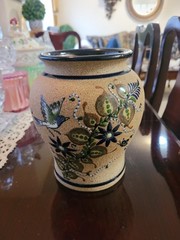 Tonala Stoneware Pottery Vase Bird Floral Design Mexico Hand Painted Signed