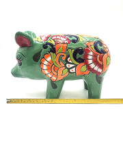 Mexican Folk Art Talavera Pig Pottery Figure Hand Painted Green Multi Color 13×9