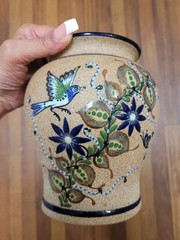 Tonala Stoneware Pottery Vase Bird Floral Design Mexico Hand Painted Signed