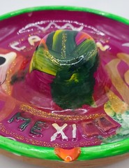 VTG Red Clay Pottery Hat Shape Ashtray Purple Green Cancun Mexico Sombrero 4″D