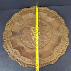 Vintage Brass Aztec Mayan Charger Tray Wall Art Plate With 3D Figure 15.5″ Dia
