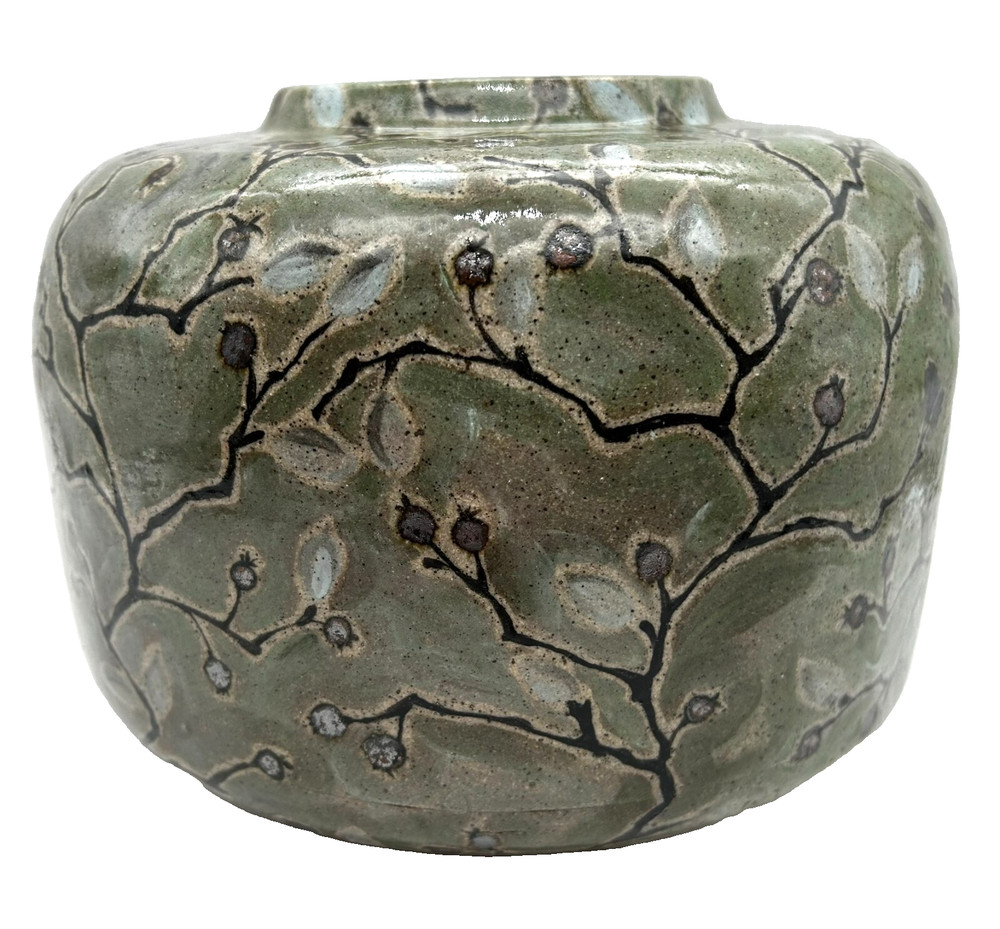 Studio Art Pottery Green Stoneware Tree Branch Leaves Centerpiece Vase Signed
