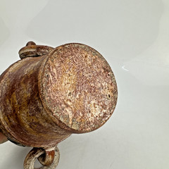 Vintage Mexican Terracotta Pottery Vase, Brass Copper Overlay Loop Handles, 8″