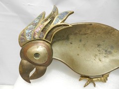 Vintage Mexican Hand-Wrought Brass Parrot Tray Dish Abalone Shell Inlay L82S