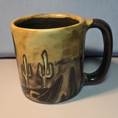 HANDCRAFTED MARA ART POTTERY MUG Southwest CACTUS MEXICO Musician Flute Music
