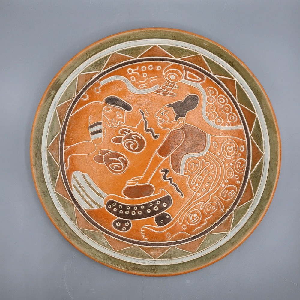 Vintage Aztec Terracotta Clay Hand Painted Plate Mexican Tribal Native Art