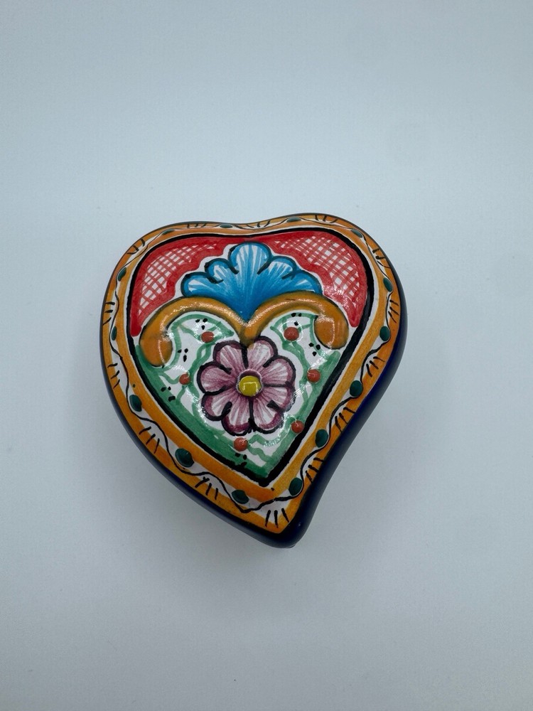 Talavera Pottery Heart Shaped Blue & White Flowers Trinket Box Hand painted