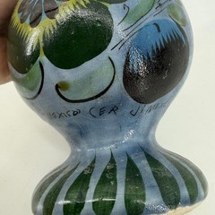 Vintage Mexican Pottery Vase Hand Painted Blue Green Floral Tall Ceramic 11.5″