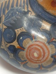 Vintage Barro Bruñido/Burnished Tonala Pottery Vase, Blue Floral on Red Clay