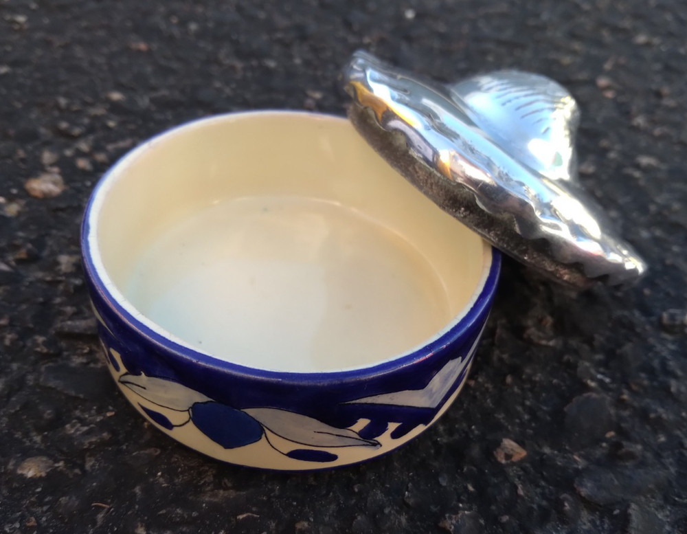 Round Blue Floral Trinket Box Round Blue Silver Shell Mexico Vintage
