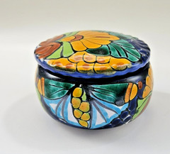 Talavera Mexican Pottery Hand Painted Round Trinket Box With Lid Terracotta 2.5″