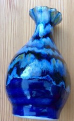 Mexican ceramic chiminea candle holder signed Reyna blue drip glaze tabletop 7½”