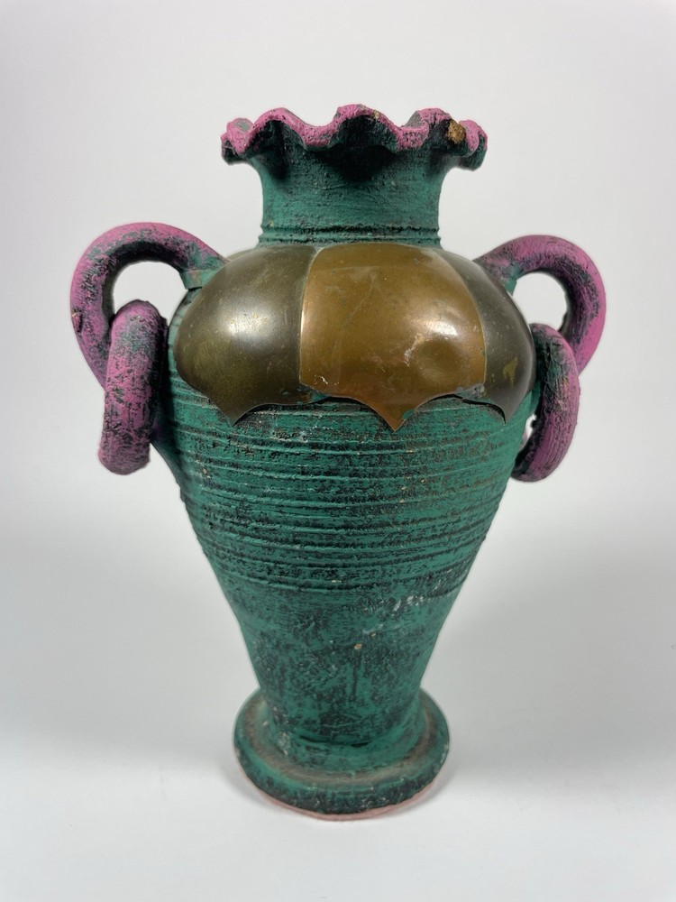Vintage Mexican Art Pottery Vase Brass Mixed Metal 6″ Teal Purple READ