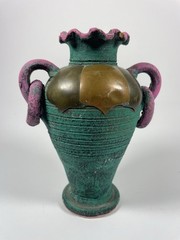 Vintage Mexican Art Pottery Vase Brass Mixed Metal 6″ Teal Purple READ