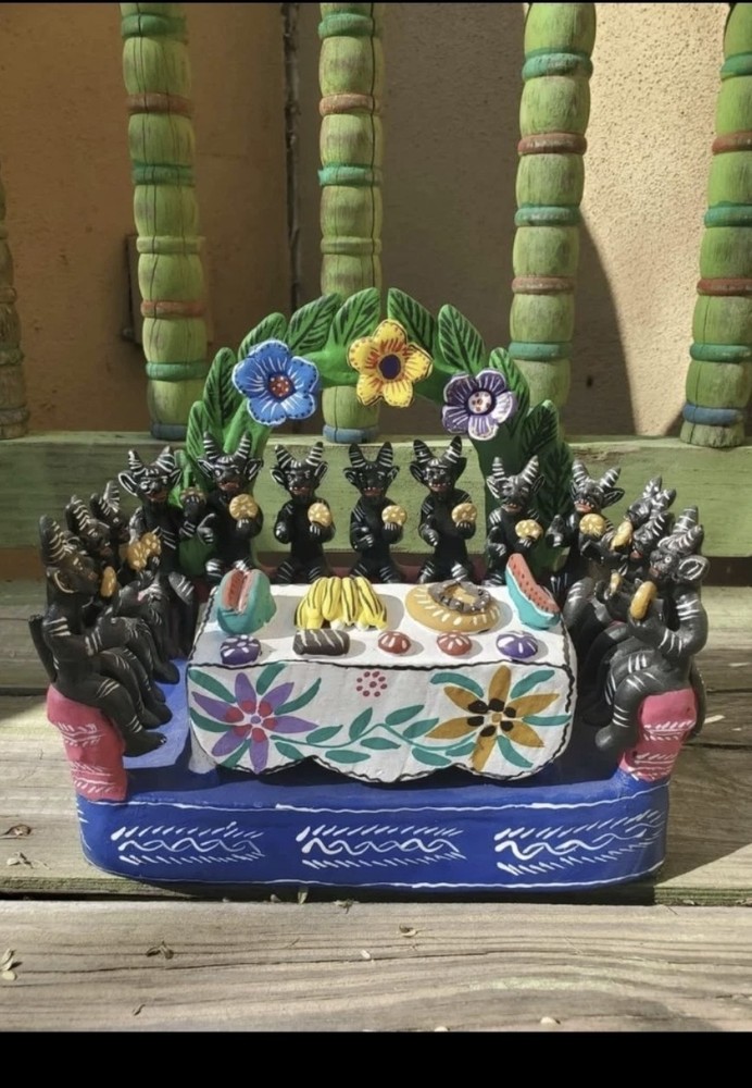 Mexican Folk Art Pottery Last Supper Black Devil Ocumicho Hand Painted Clay