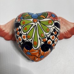 Mexican Talavera Flying Heart Wings Pottery 9” Wide Wall Decor Folk Art